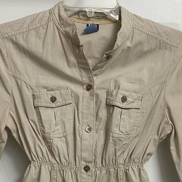VTG NWOT Zara Button Front Elastic Waist Shirt Size S Tan Stripes Long Sleeves - Picture 2 of 11